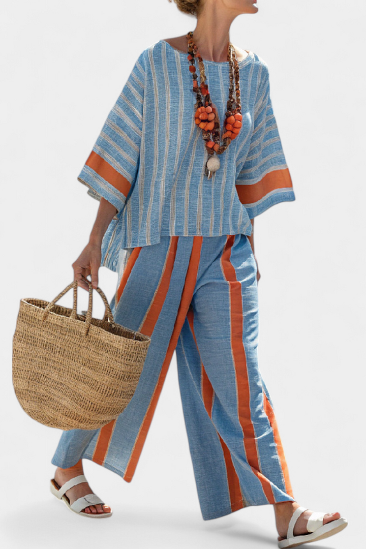 Velmere | Sophisticated Terracotta Striped Top &amp; Linen Trousers
