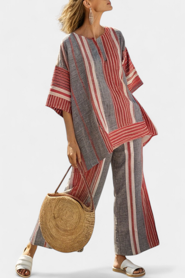 Bravine | Elegant Coral-Grey Linen Top &amp; Wide-Leg Trousers