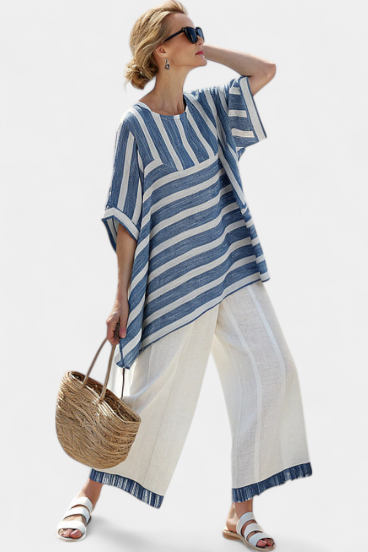 Corvielle | Sophisticated Blue Striped Top &amp; Hem-Detailed Trousers